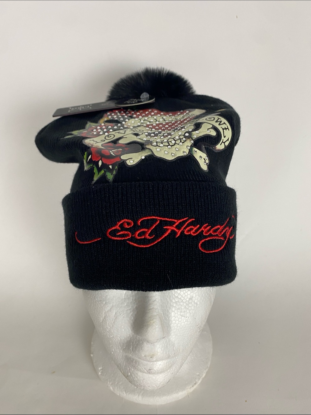 Ed Hardy Hat Beanie Faux Fur Pom One Size Womens Black Skull Rhinestone New